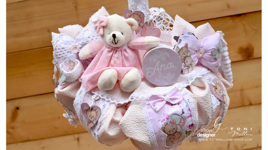 Lumanare de botez cu ursuleti roz, dantela roz si pattern floral cu trandafiri Teddy Bear Pink 8